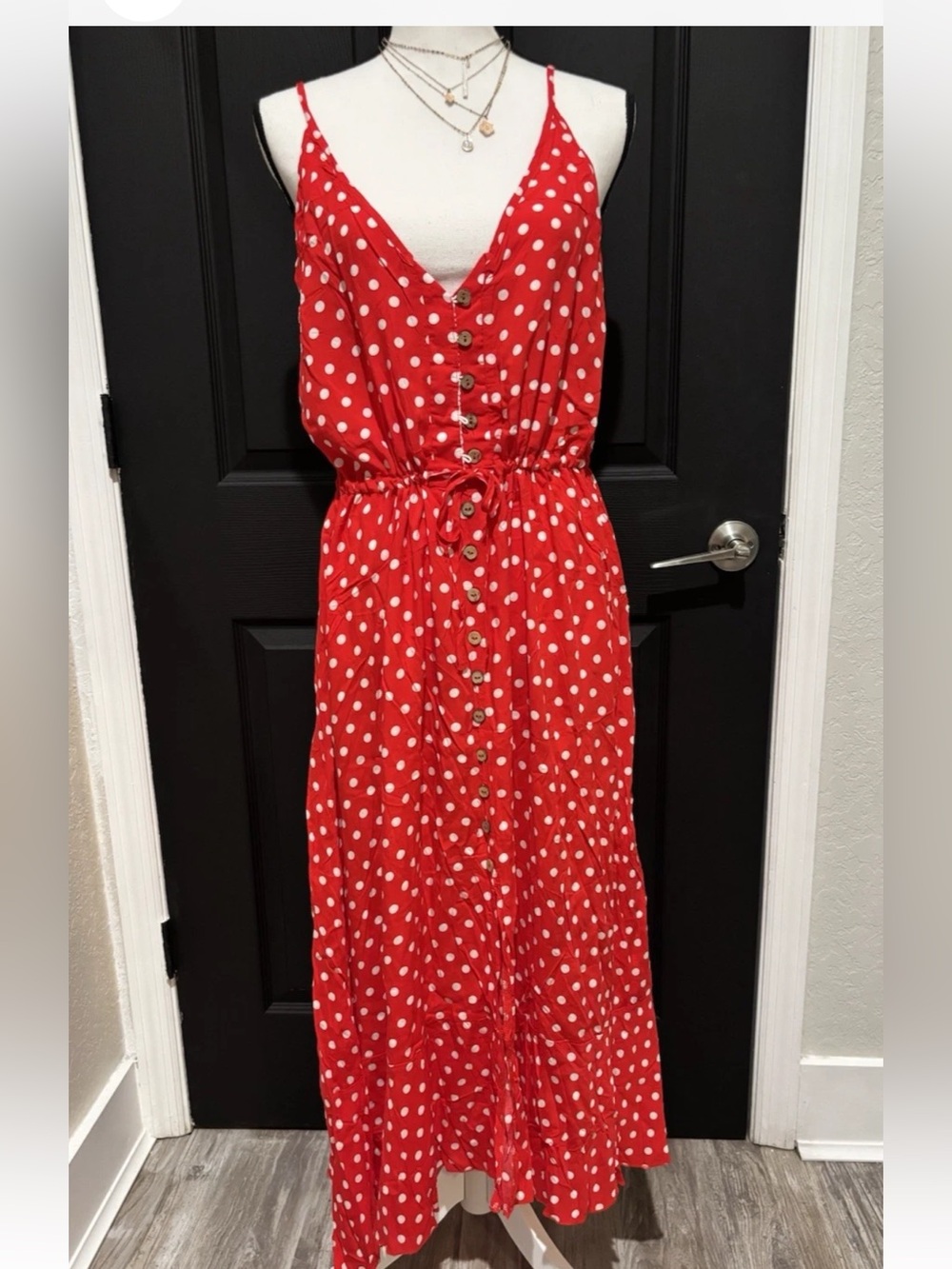 Red Polka Dot Midi Dress Lightweight Flowy Boho Spaghetti Strap XL - Picture 8 of 9